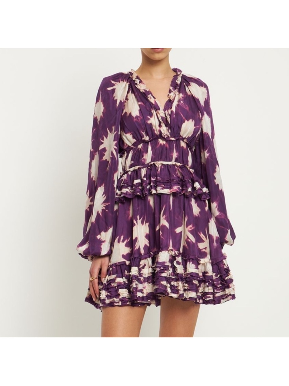 Ulla Johnson Emery Silk Ruffle Long Sleeve Mini Dress Purple Cassis Blur 0 NWOT - Picture 1 of 15